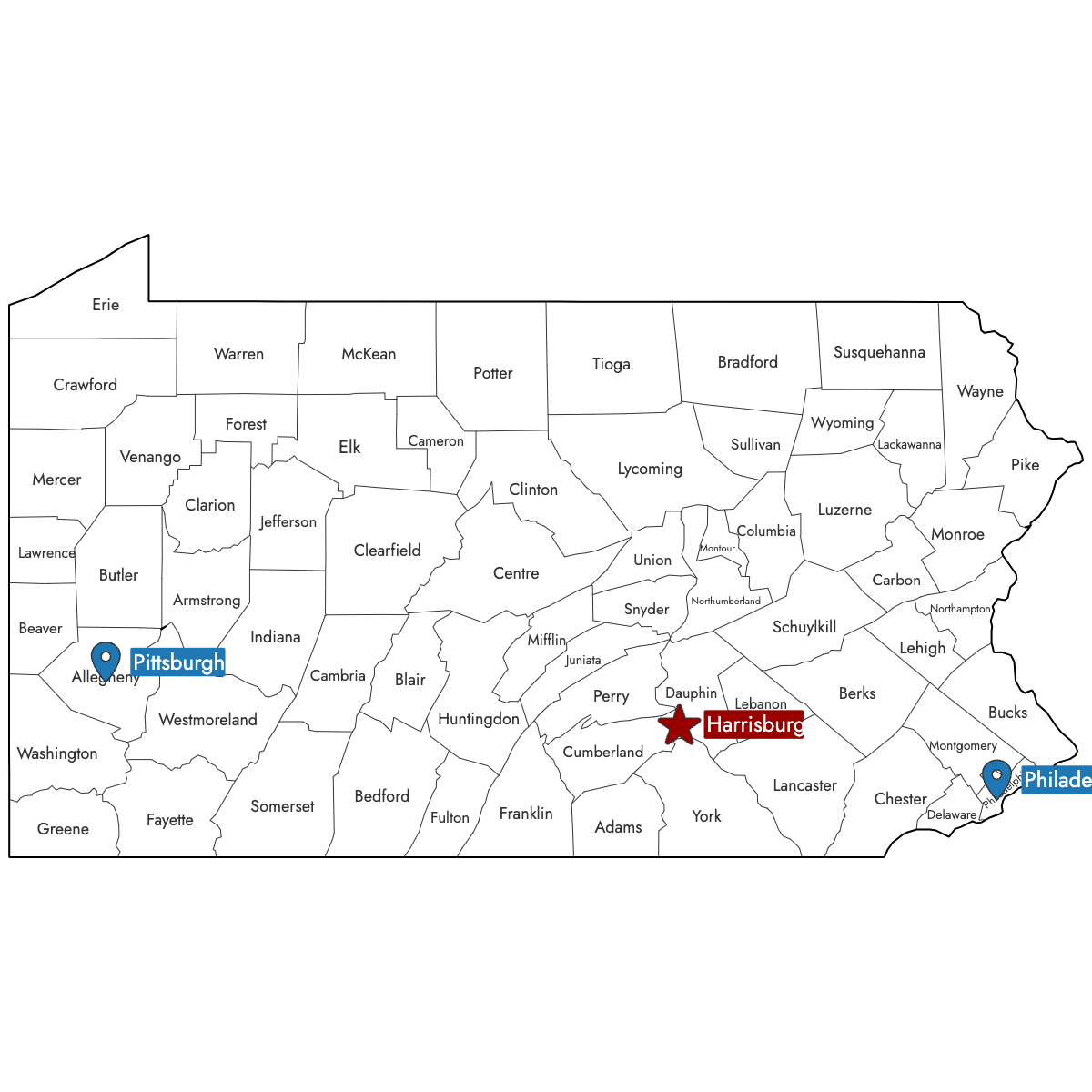 Map of Pennsylvania Counties with Pins
