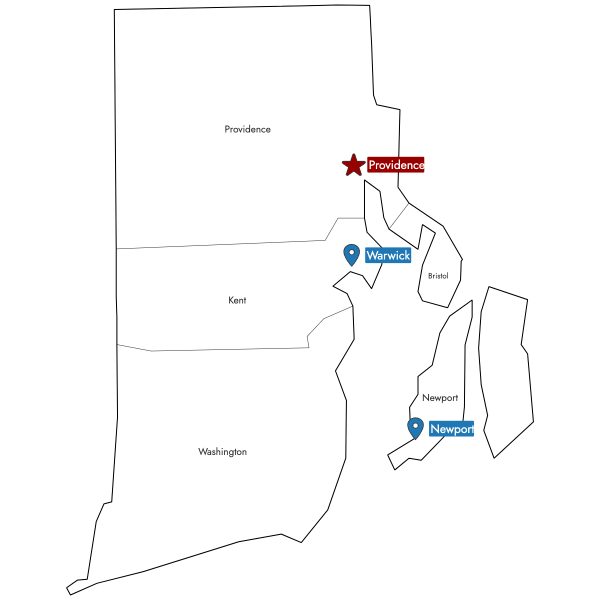 Map of Rhode Island Counties with Pins