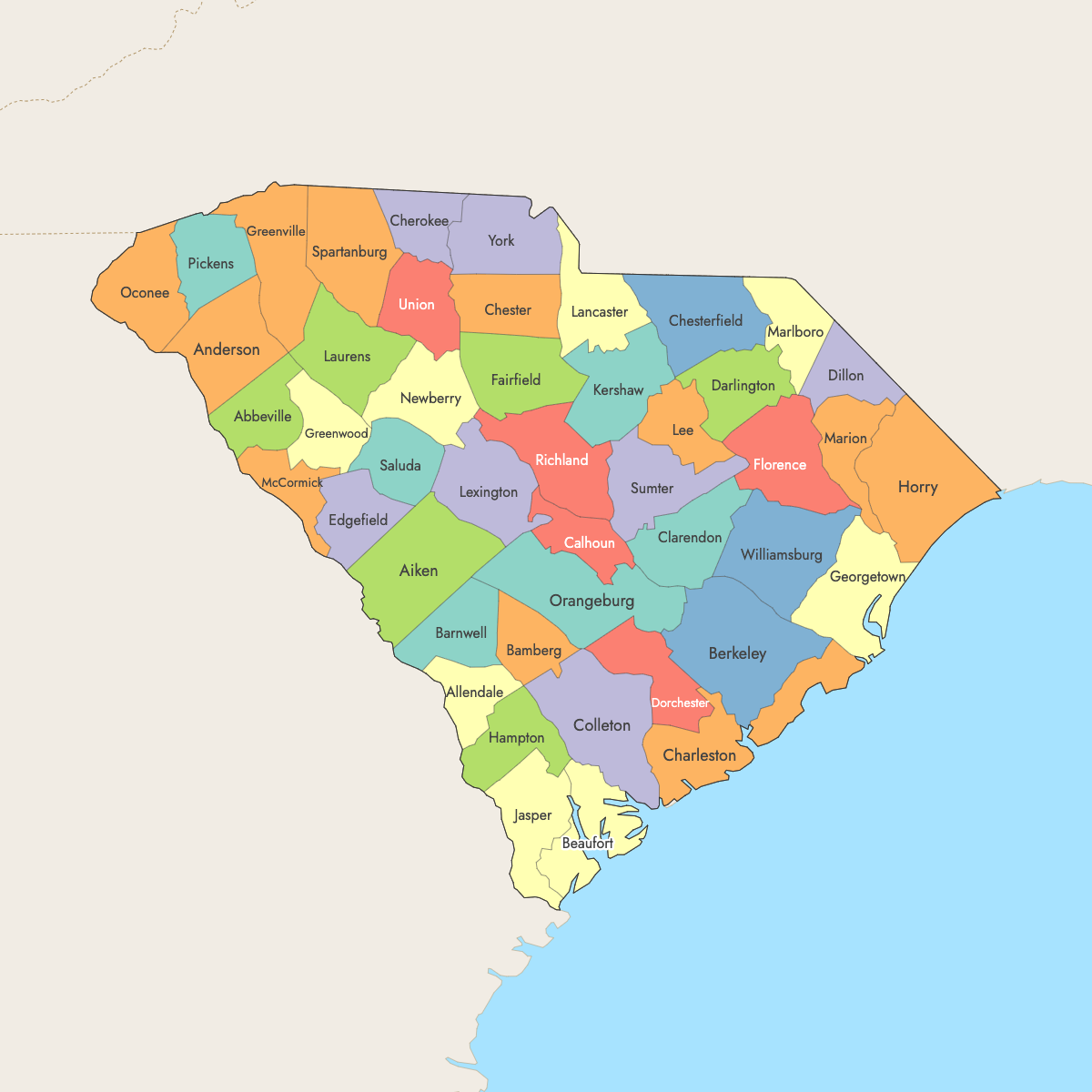 Map of South Carolina Counties with surrounding areas