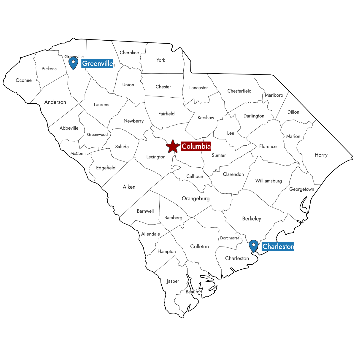Map of South Carolina Counties with Pins