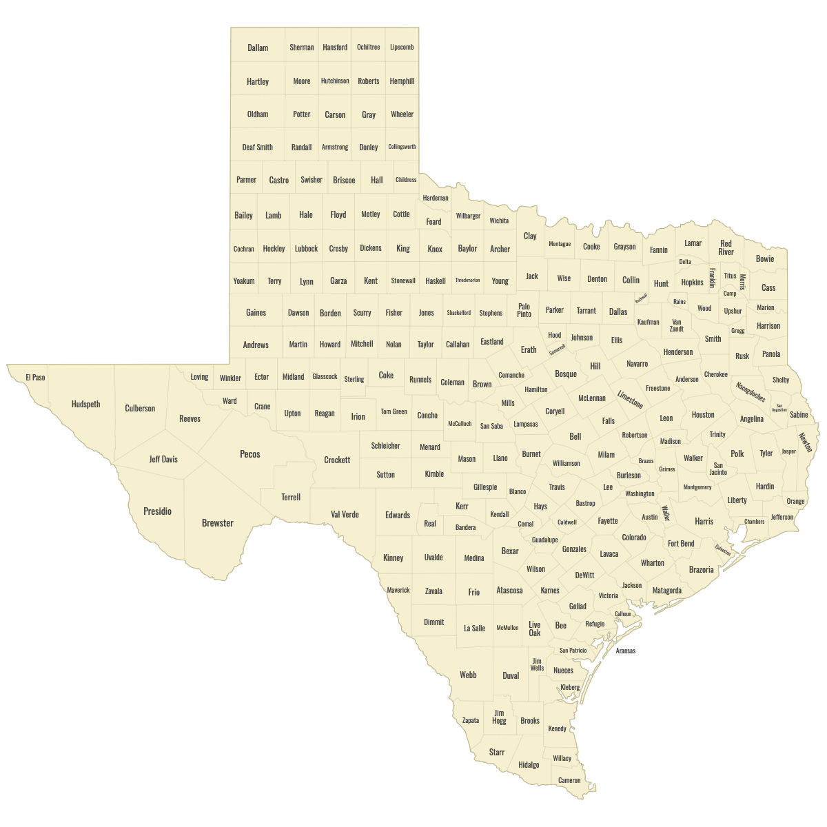 Blank Map of Texas Counties With Labels