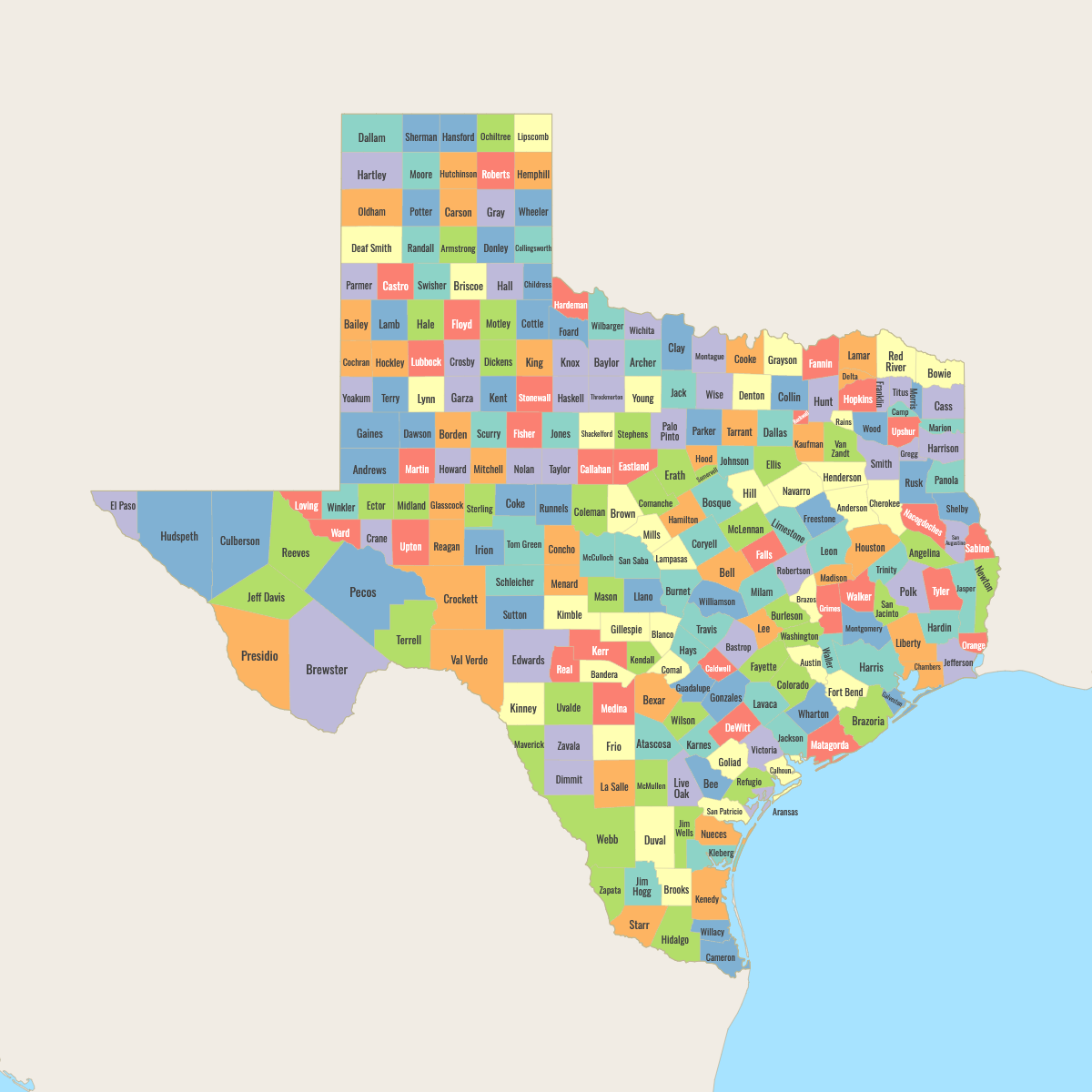 Map of Texas Counties with surrounding areas