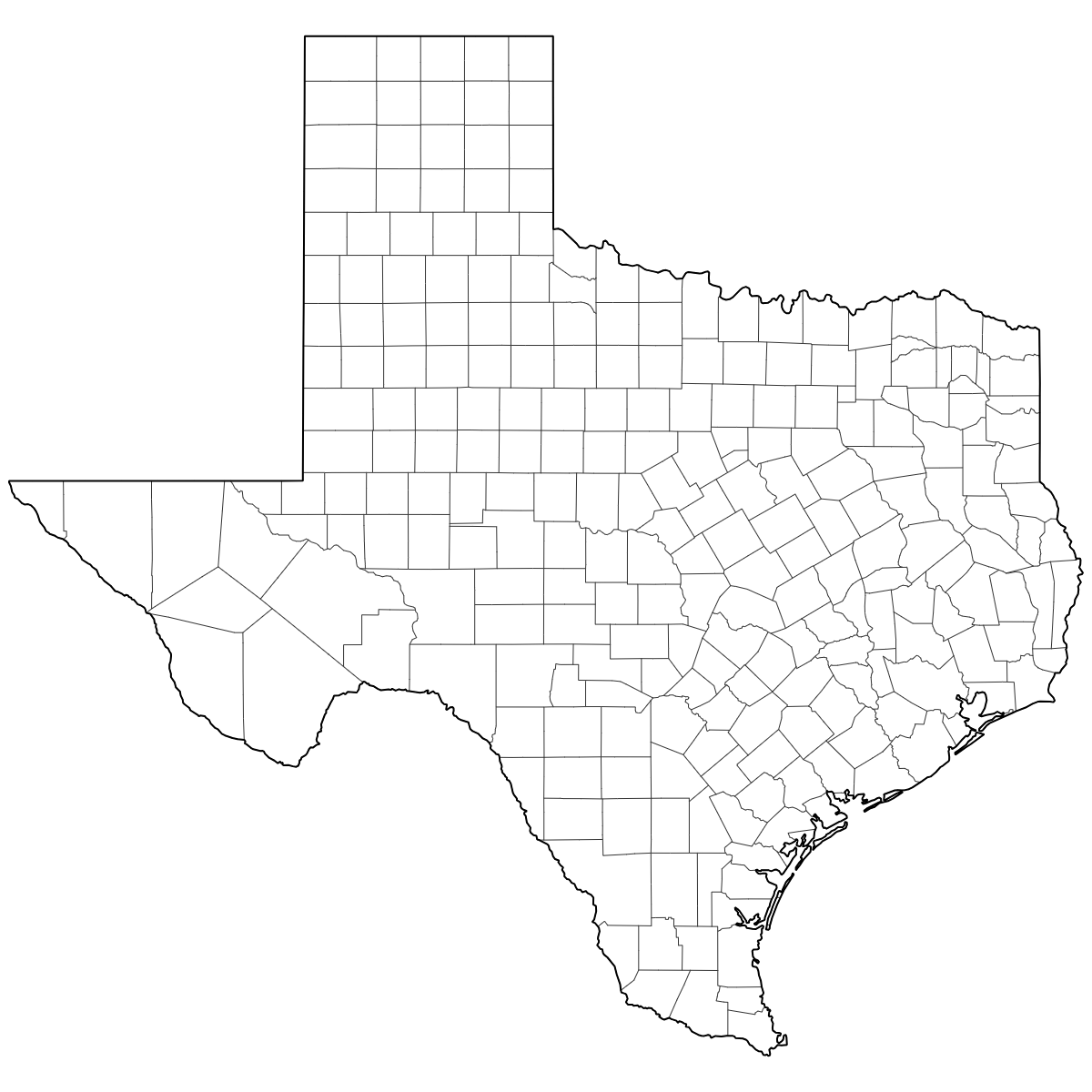 Outlined Map of Texas Counties