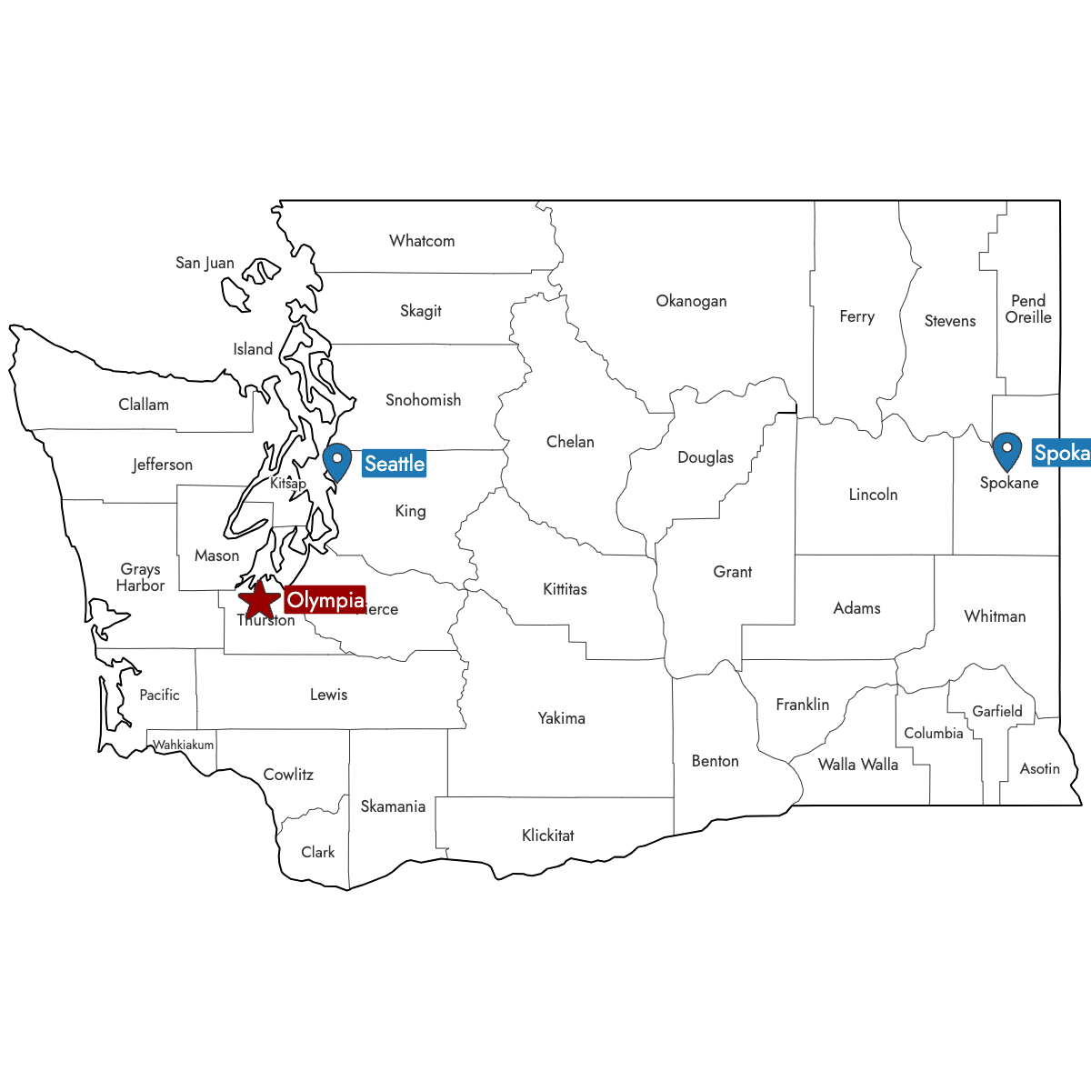 Map of Washington Counties with Pins
