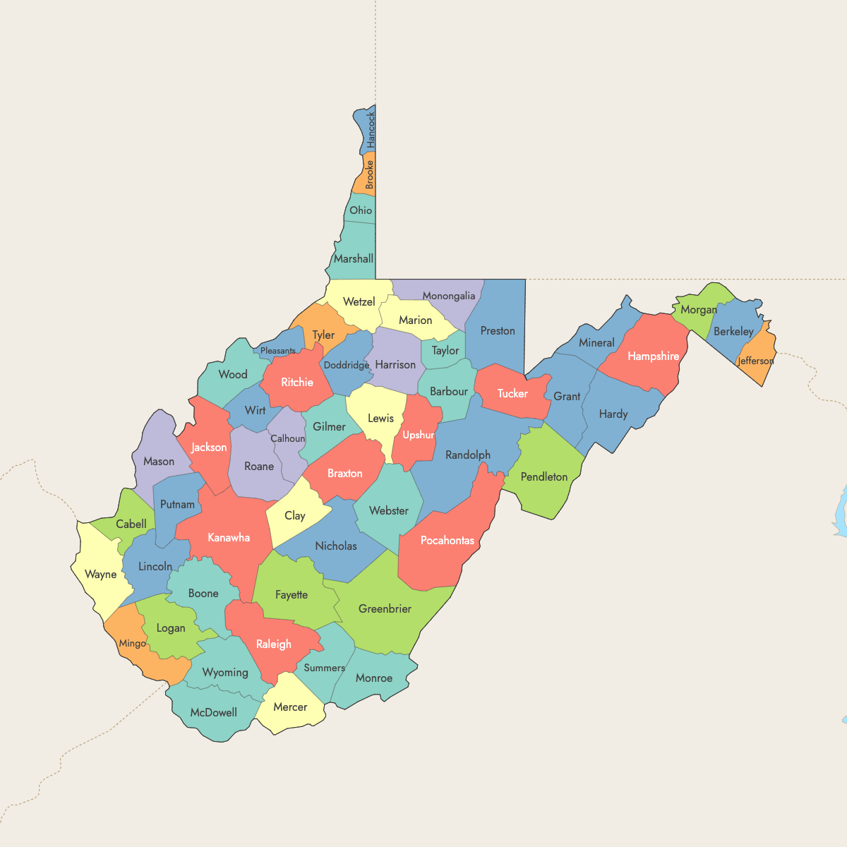 Map of West Virginia Counties with surrounding areas